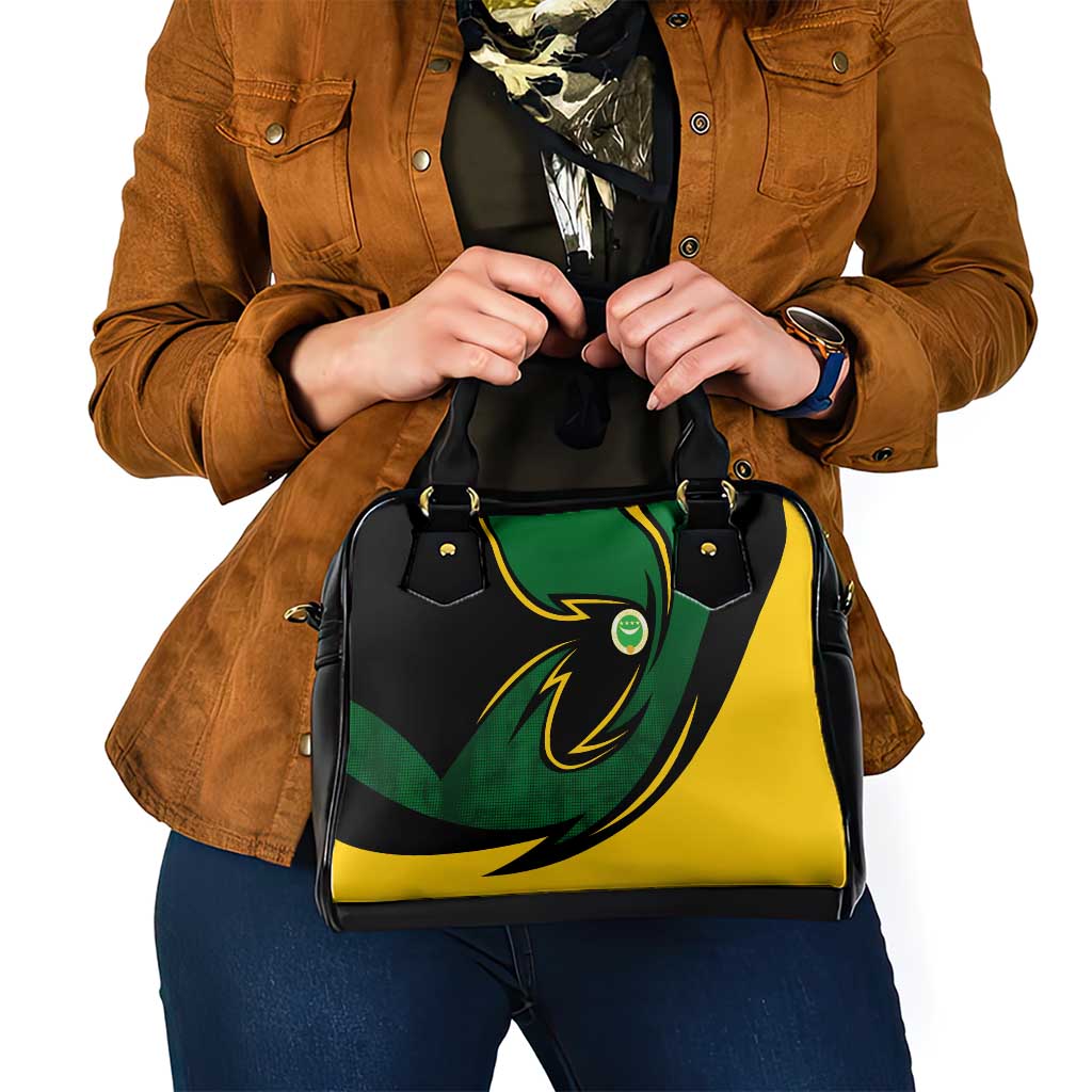 Comoros Shoulder Handbag with Green Black Yellow Swirl Design and National Emblem Pattern TS04
