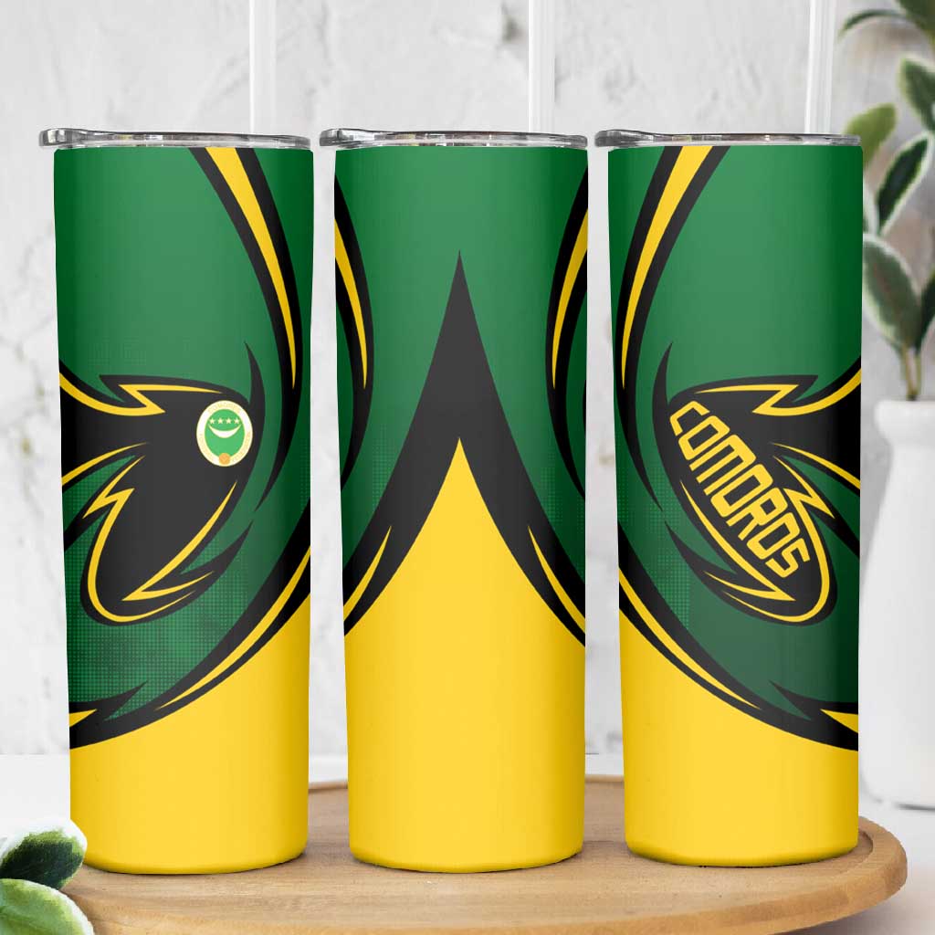 Comoros Skinny Tumbler - Green Black Yellow Swirl Design and National Emblem Pattern TS04