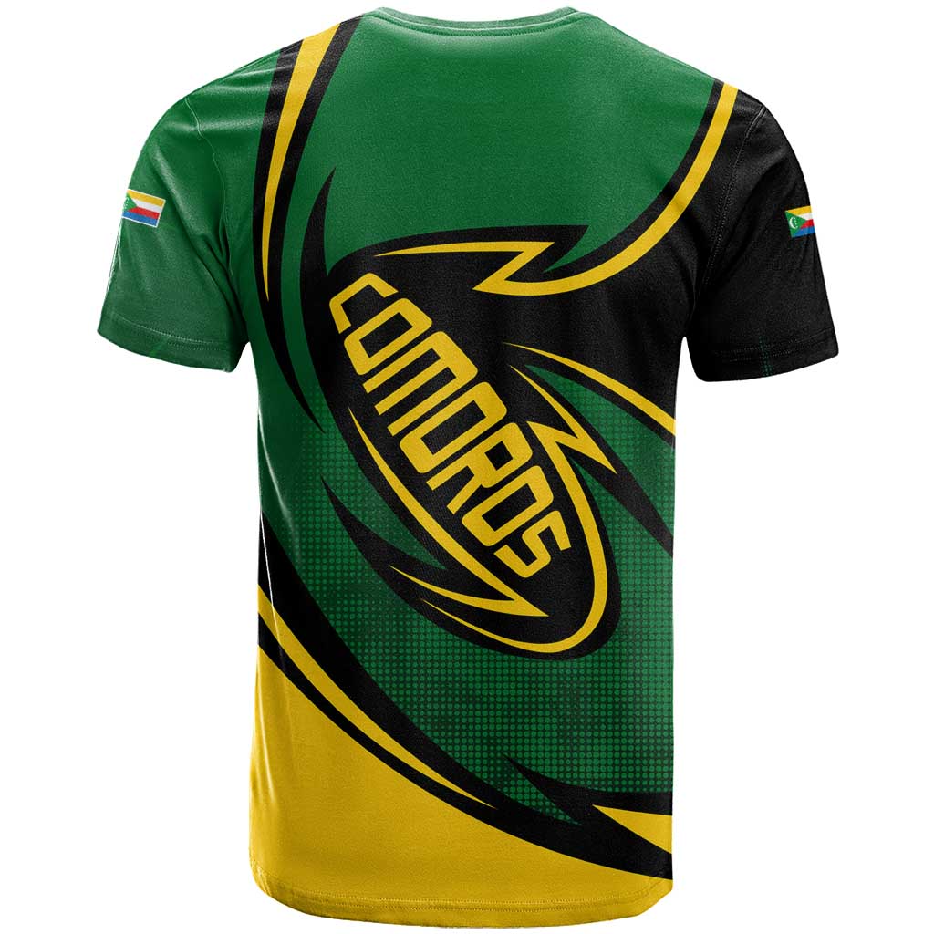 Comoros T shirt - Green Black Yellow Swirl Design and National Emblem Pattern TS04