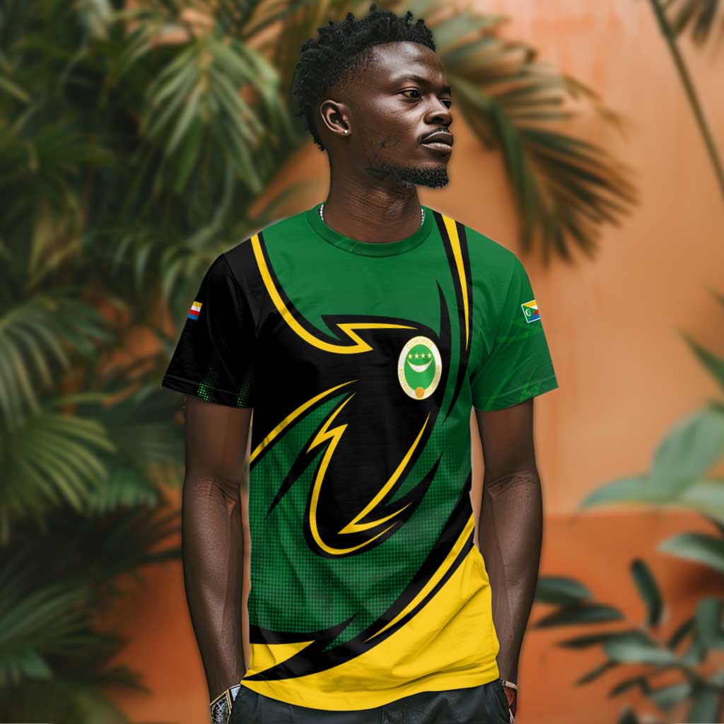 Comoros T shirt - Green Black Yellow Swirl Design and National Emblem Pattern TS04
