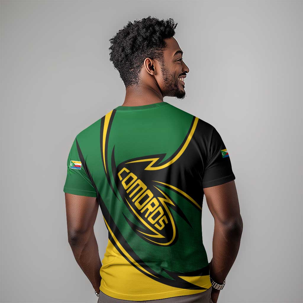Comoros T shirt - Green Black Yellow Swirl Design and National Emblem Pattern TS04