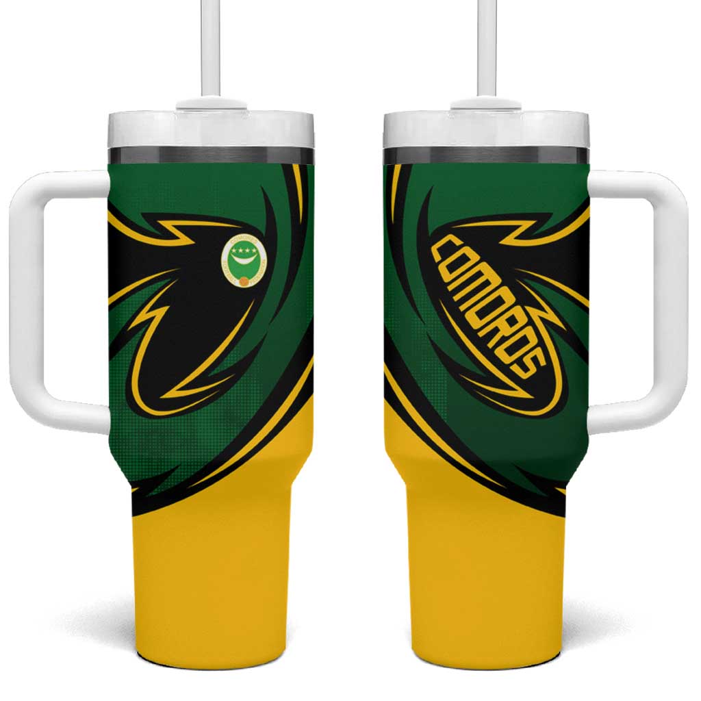 Comoros Tumbler With Handle - Green Black Yellow Swirl Design and National Emblem Pattern TS04