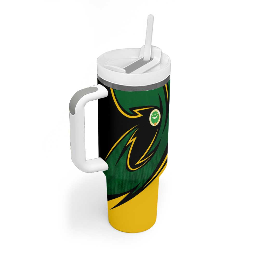 Comoros Tumbler With Handle - Green Black Yellow Swirl Design and National Emblem Pattern TS04