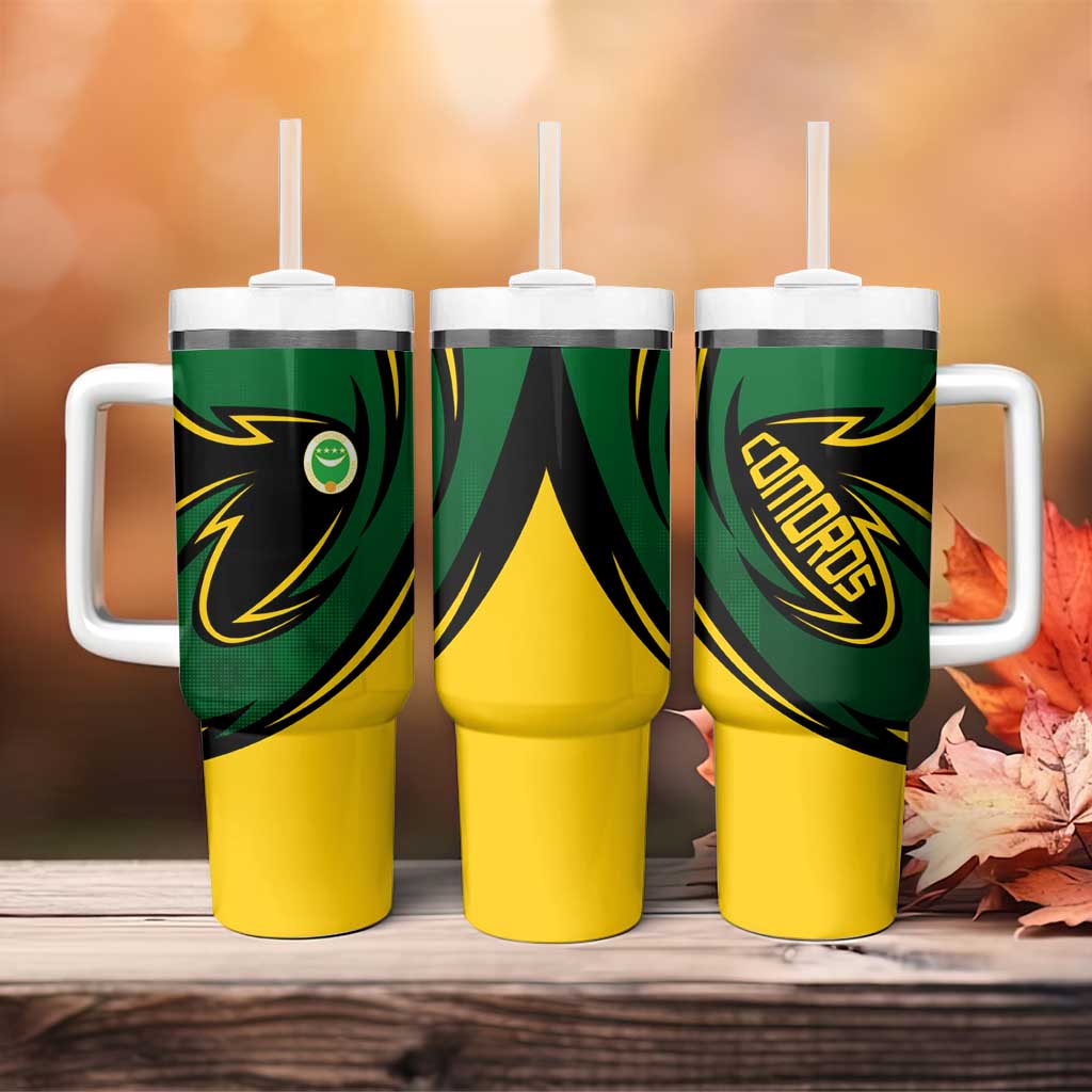 Comoros Tumbler With Handle - Green Black Yellow Swirl Design and National Emblem Pattern TS04
