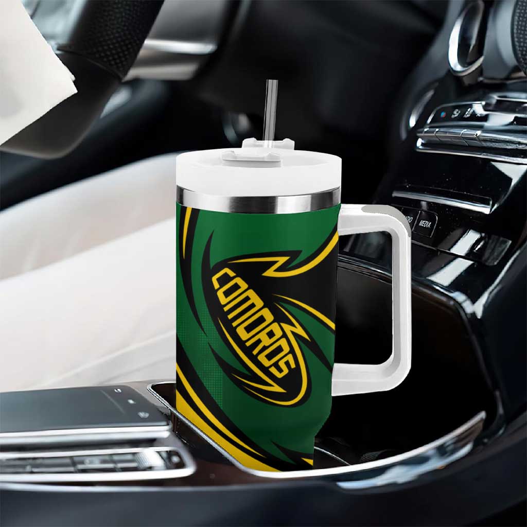 Comoros Tumbler With Handle - Green Black Yellow Swirl Design and National Emblem Pattern TS04