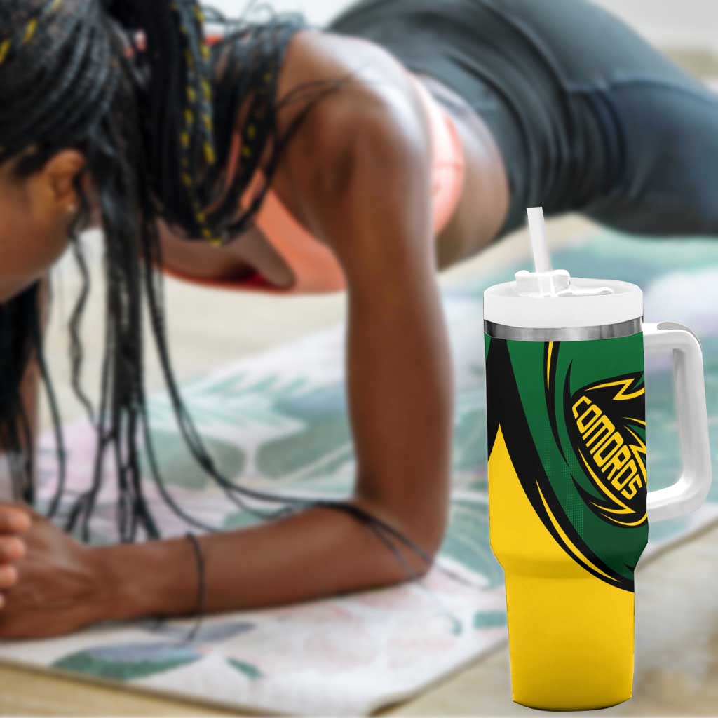Comoros Tumbler With Handle - Green Black Yellow Swirl Design and National Emblem Pattern TS04
