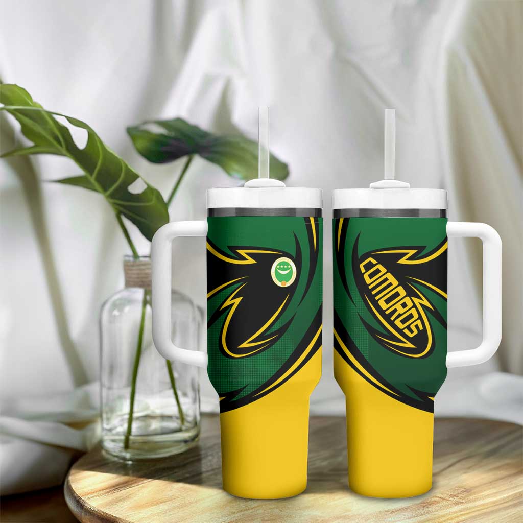 Comoros Tumbler With Handle - Green Black Yellow Swirl Design and National Emblem Pattern TS04