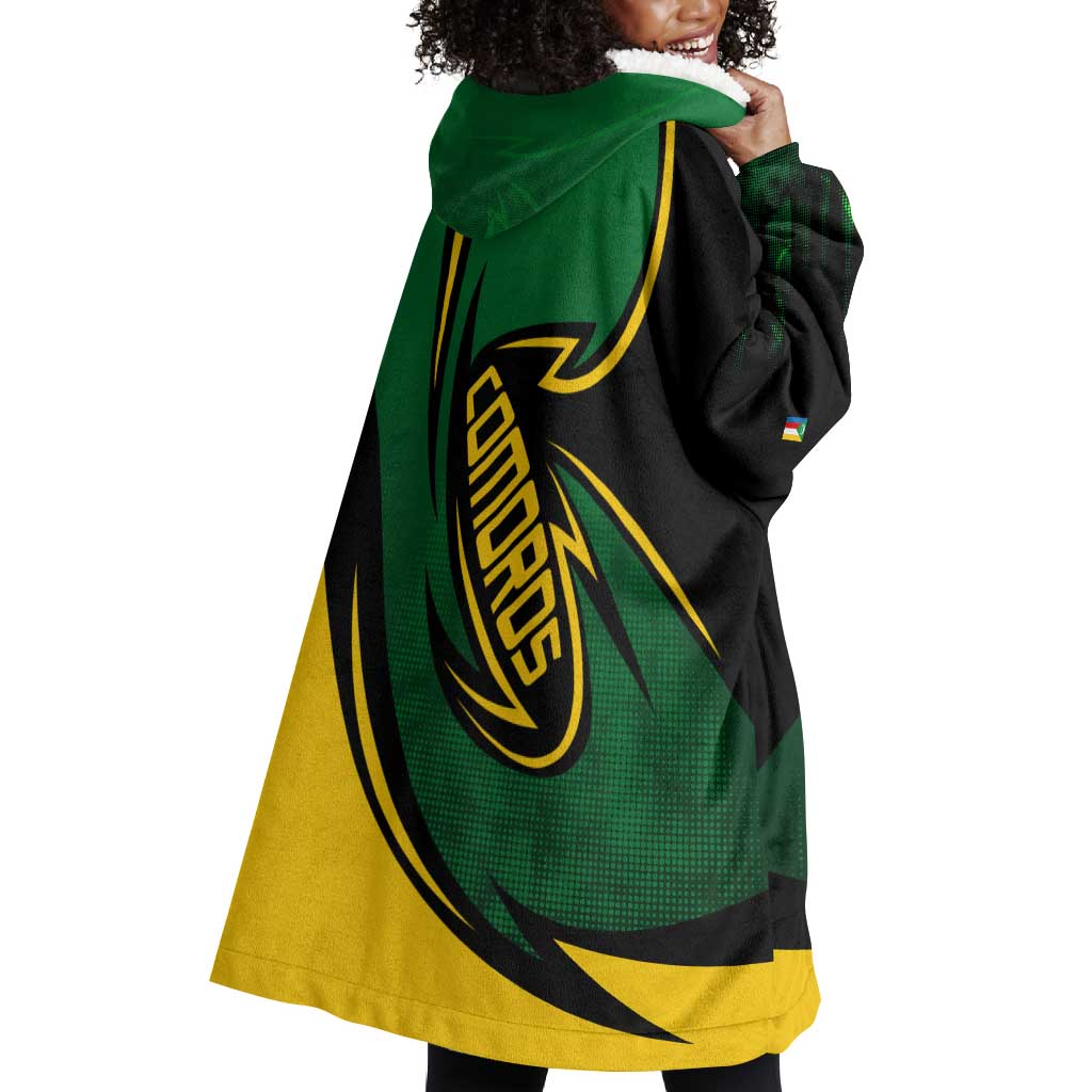 Comoros Wearable Blanket Hoodie - Green Black Yellow Swirl Design and National Emblem Pattern TS04
