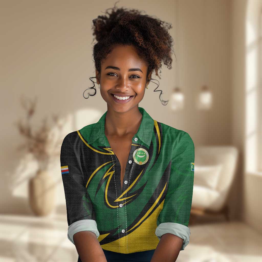 Comoros Women Casual Shirt - Green Black Yellow Swirl Design and National Emblem Pattern TS04