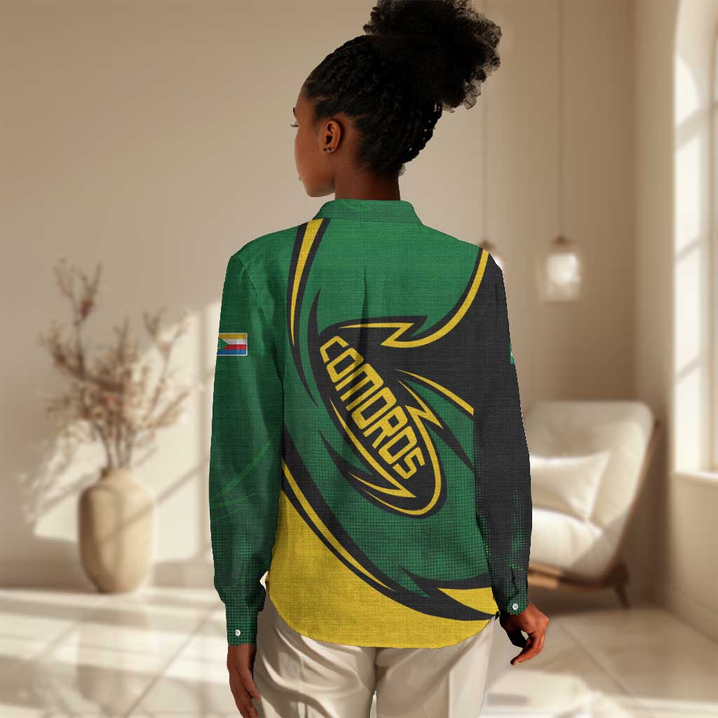 Comoros Women Casual Shirt - Green Black Yellow Swirl Design and National Emblem Pattern TS04