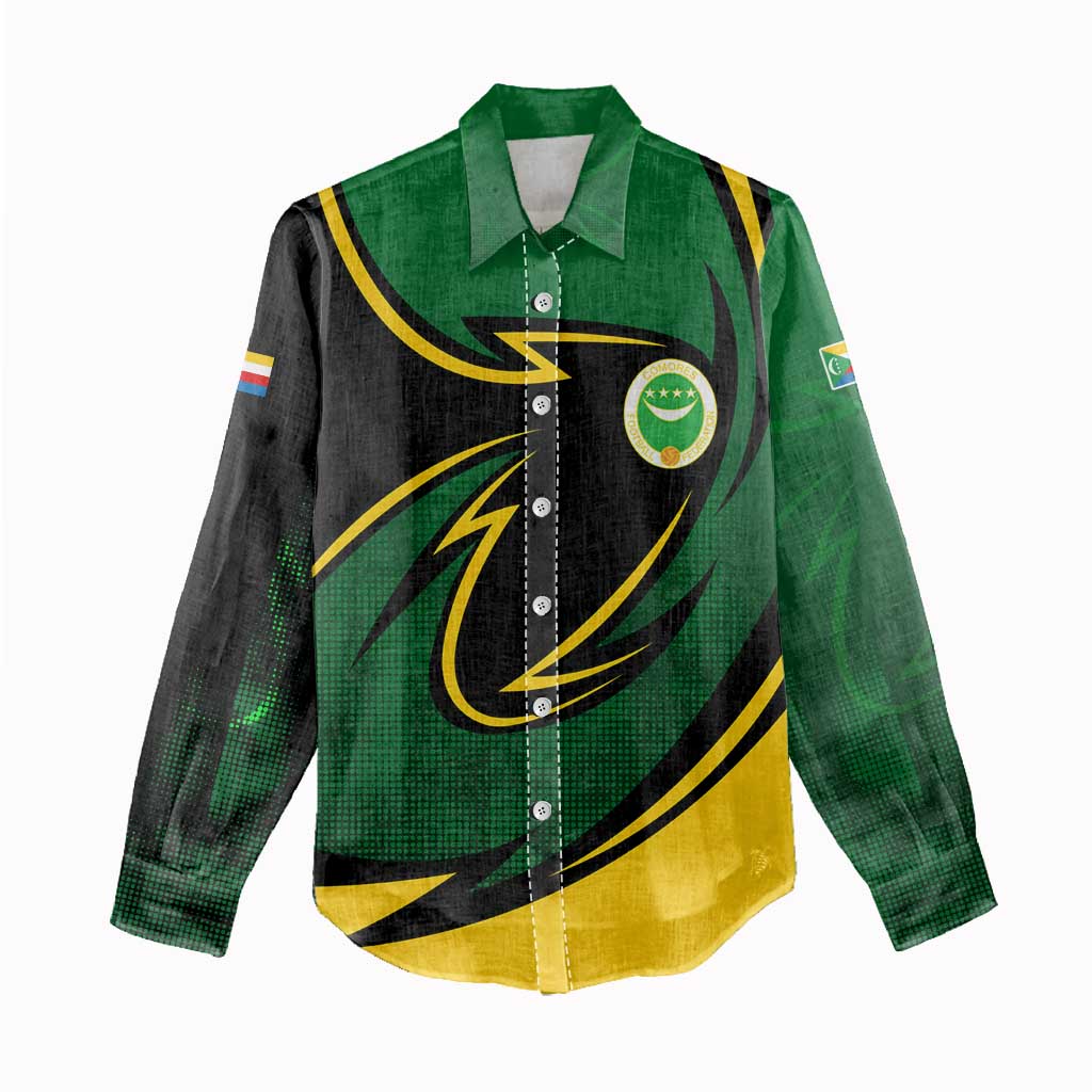 Comoros Women Casual Shirt - Green Black Yellow Swirl Design and National Emblem Pattern TS04