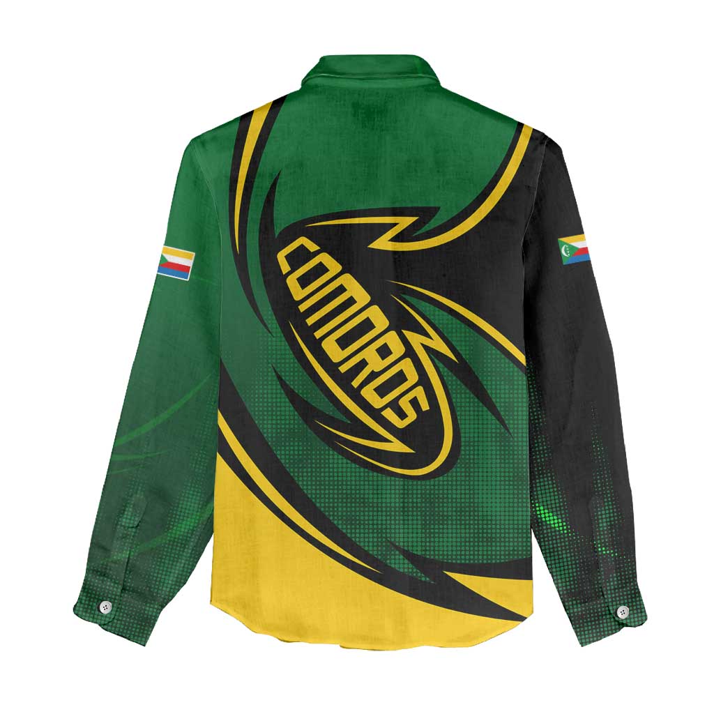 Comoros Women Casual Shirt - Green Black Yellow Swirl Design and National Emblem Pattern TS04