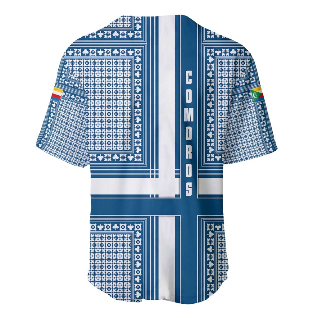 Comoros Baseball Jersey - Blue and White Traditional Geometric Pattern and National Flag Detail TS04