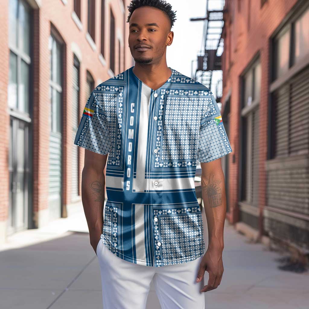 Comoros Baseball Jersey - Blue and White Traditional Geometric Pattern and National Flag Detail TS04