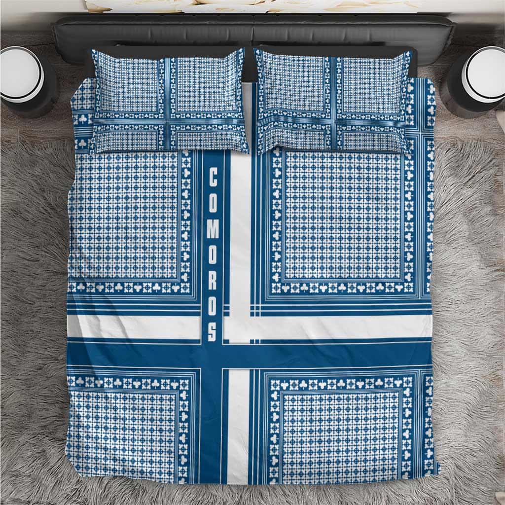 Comoros Bedding Set - Blue and White Traditional Geometric Pattern and National Flag Detail TS04