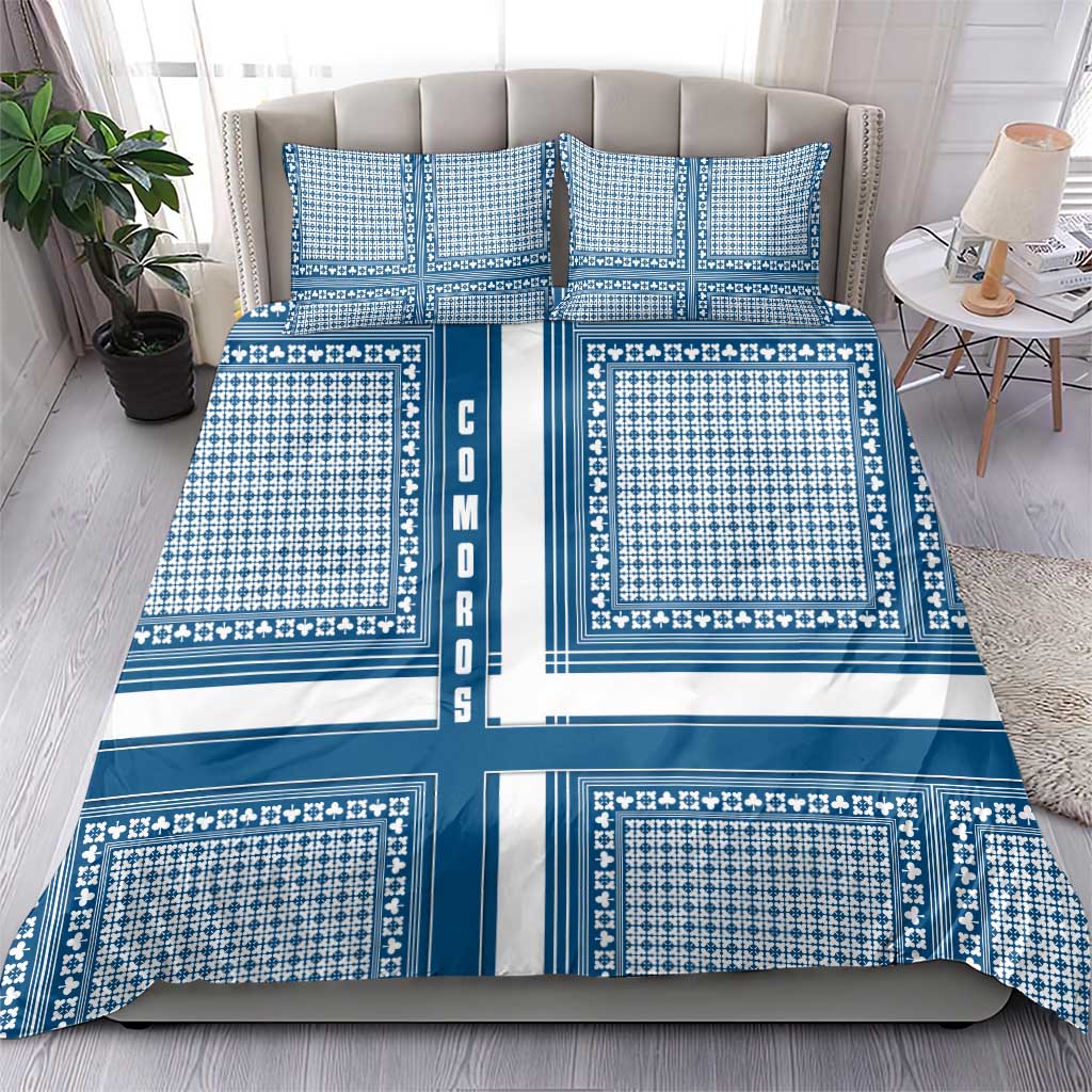 Comoros Bedding Set - Blue and White Traditional Geometric Pattern and National Flag Detail TS04