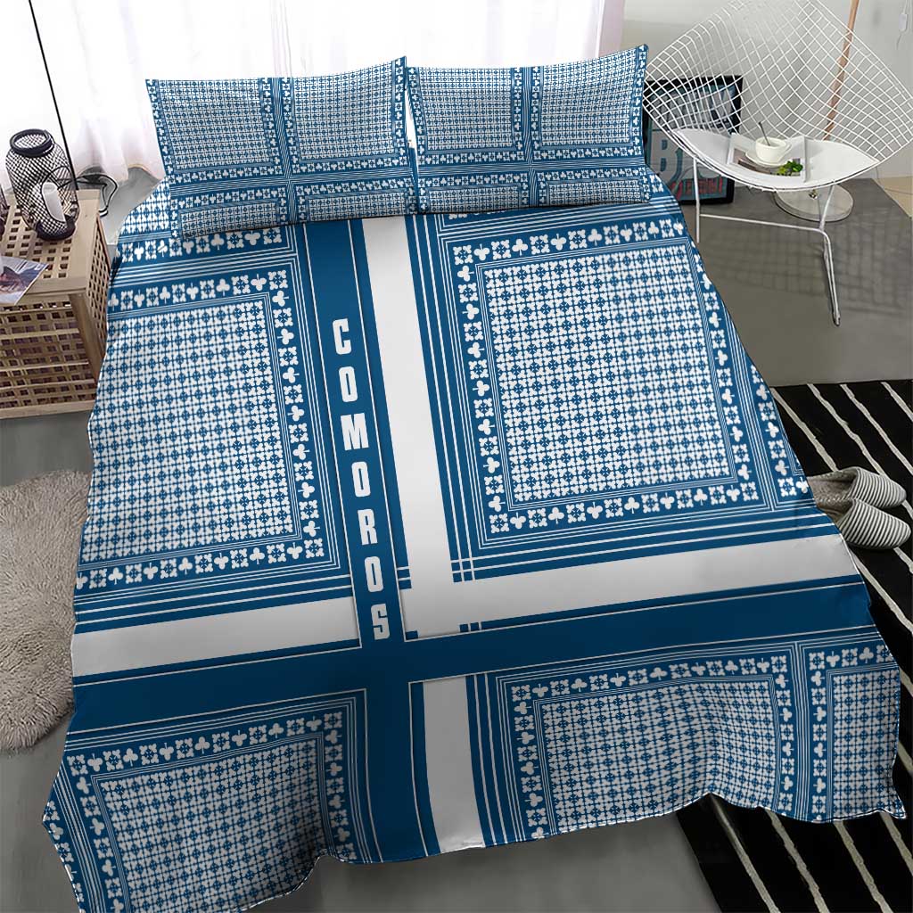 Comoros Bedding Set - Blue and White Traditional Geometric Pattern and National Flag Detail TS04