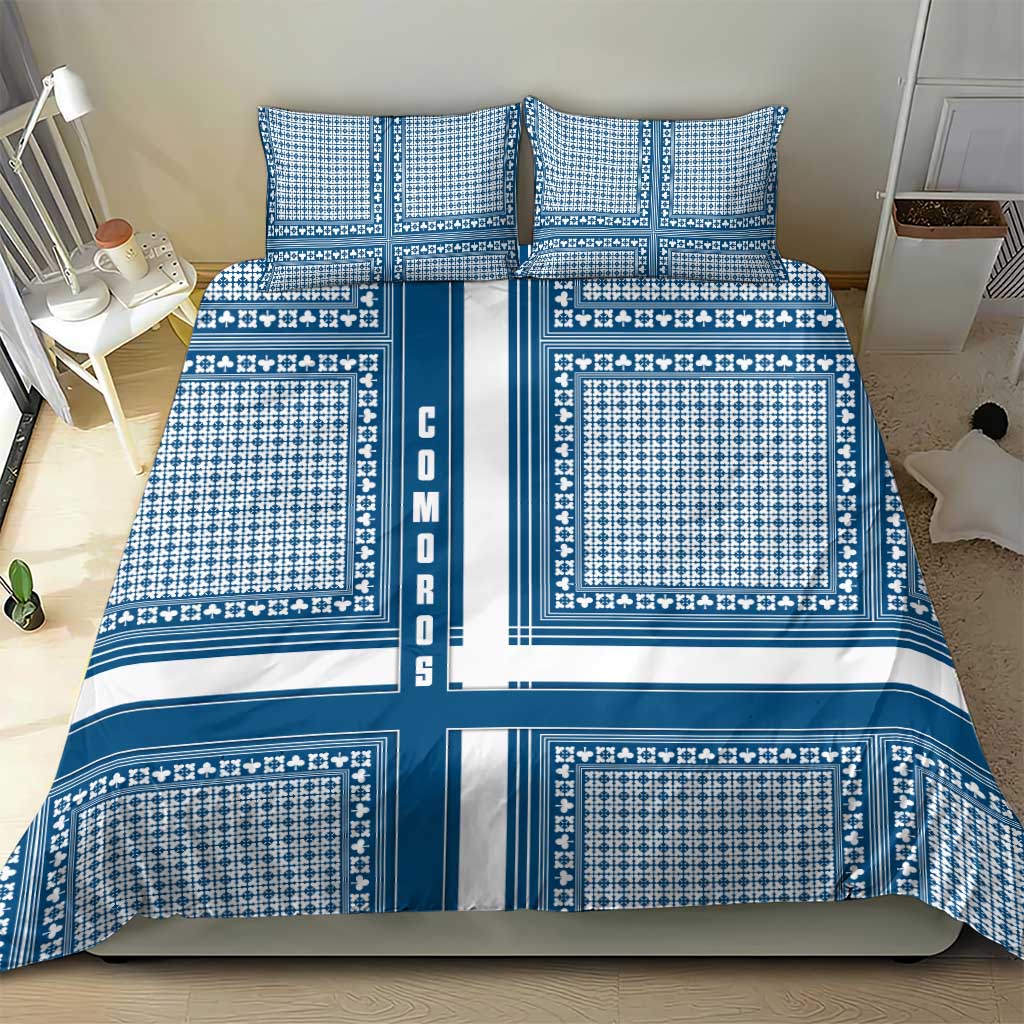 Comoros Bedding Set - Blue and White Traditional Geometric Pattern and National Flag Detail TS04