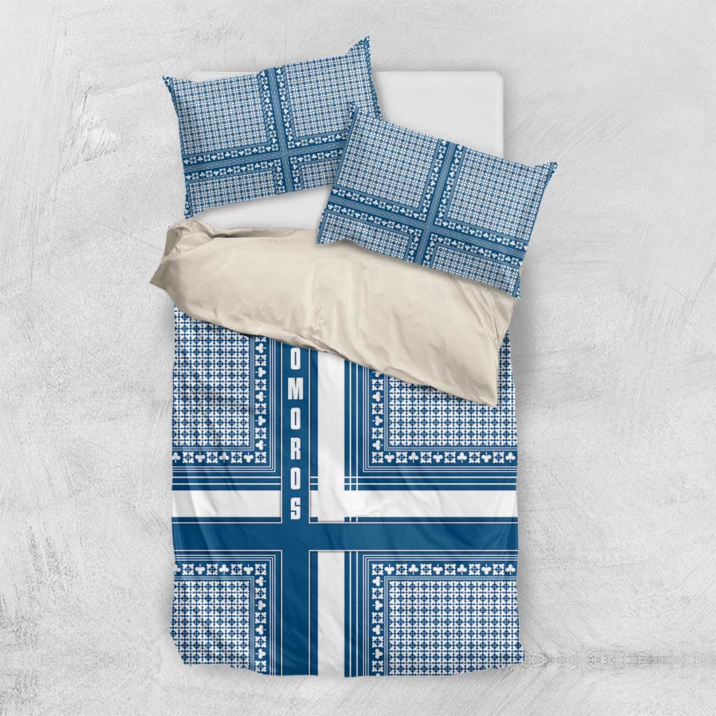 Comoros Bedding Set - Blue and White Traditional Geometric Pattern and National Flag Detail TS04