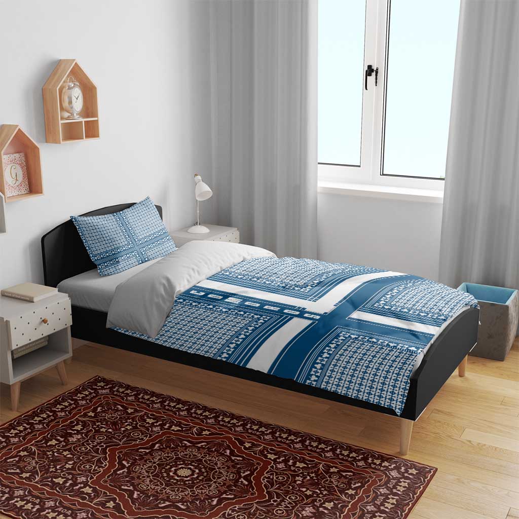 Comoros Bedding Set - Blue and White Traditional Geometric Pattern and National Flag Detail TS04