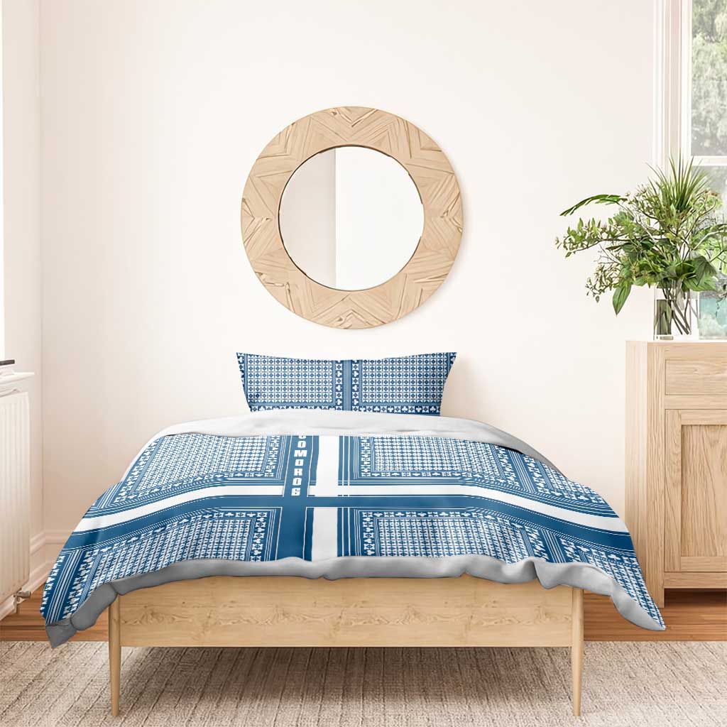Comoros Bedding Set - Blue and White Traditional Geometric Pattern and National Flag Detail TS04