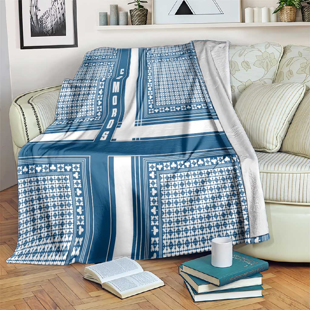 Comoros Blanket - Blue and White Traditional Geometric Pattern and National Flag Detail TS04