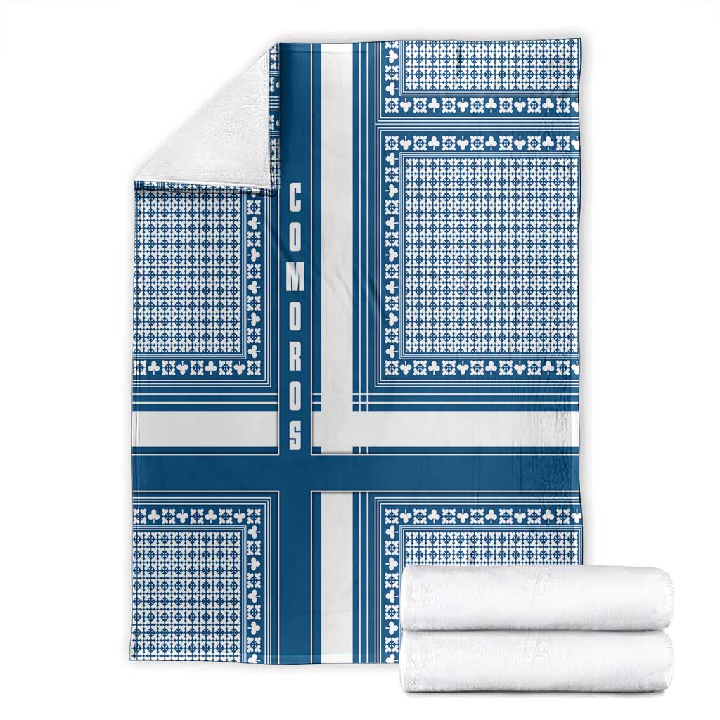 Comoros Blanket - Blue and White Traditional Geometric Pattern and National Flag Detail TS04