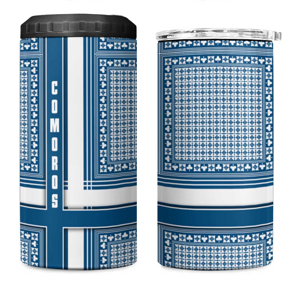 Comoros 4 in 1 Can Cooler Tumbler - Blue and White Traditional Geometric Pattern and National Flag Detail TS04