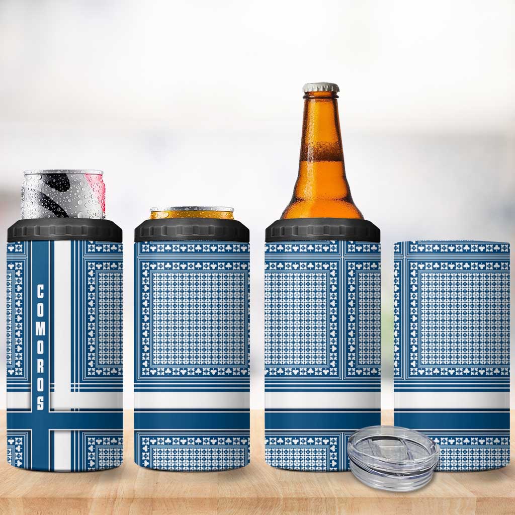 Comoros 4 in 1 Can Cooler Tumbler - Blue and White Traditional Geometric Pattern and National Flag Detail TS04