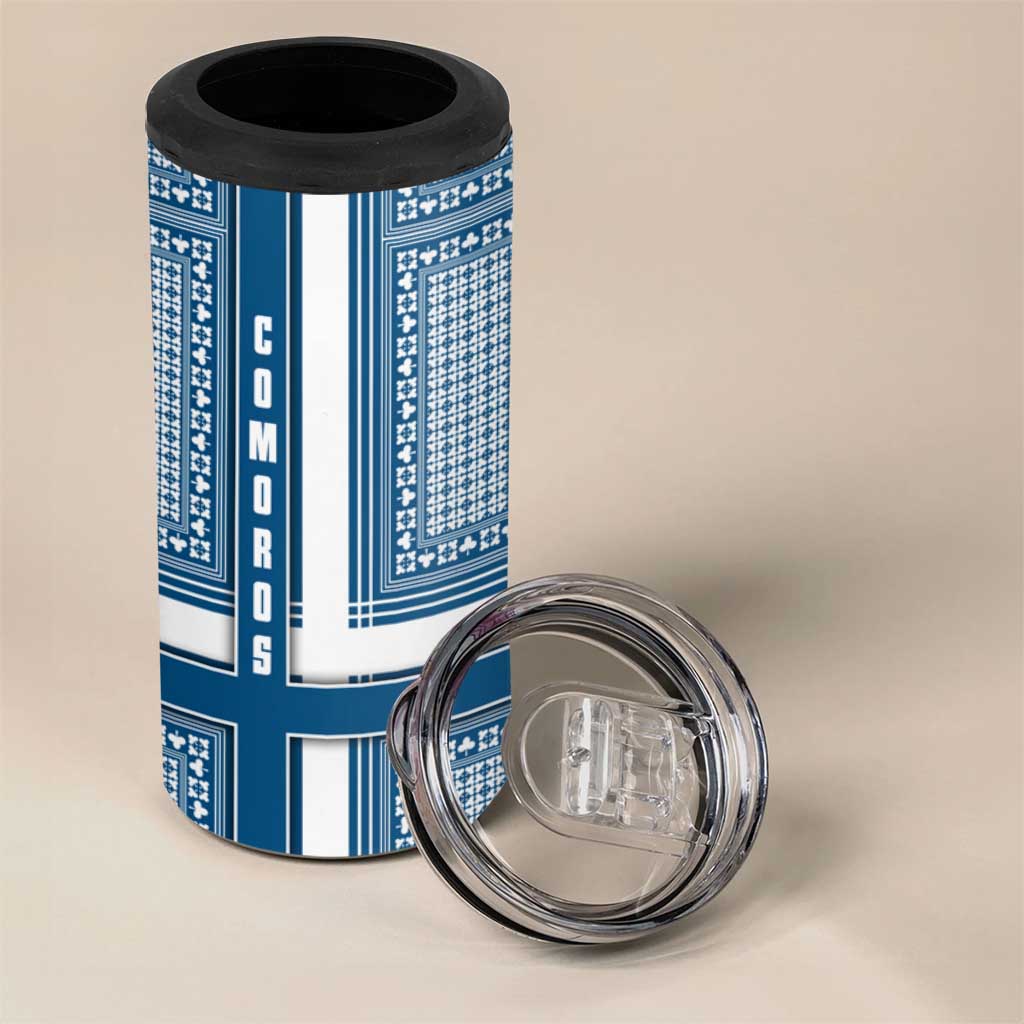 Comoros 4 in 1 Can Cooler Tumbler - Blue and White Traditional Geometric Pattern and National Flag Detail TS04
