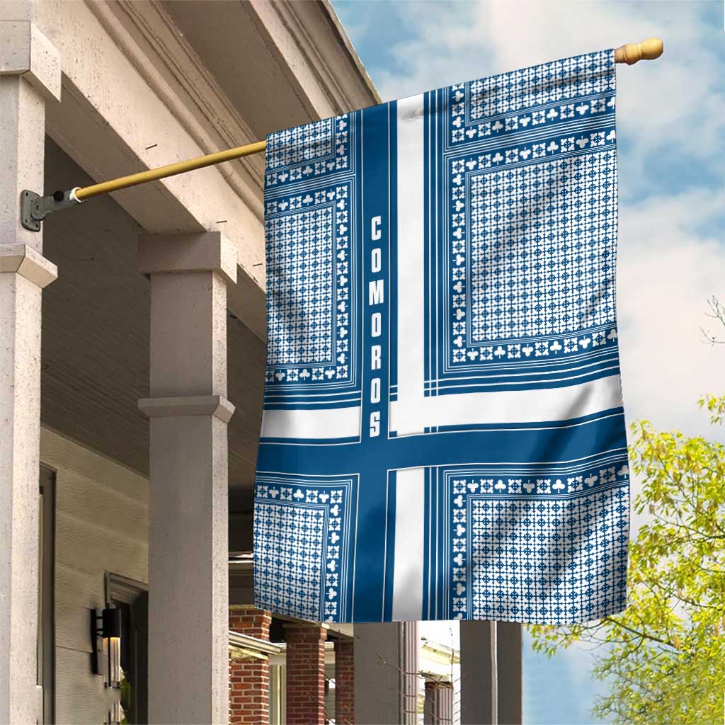 Comoros Garden Flag - Blue and White Traditional Geometric Pattern and National Flag Detail TS04