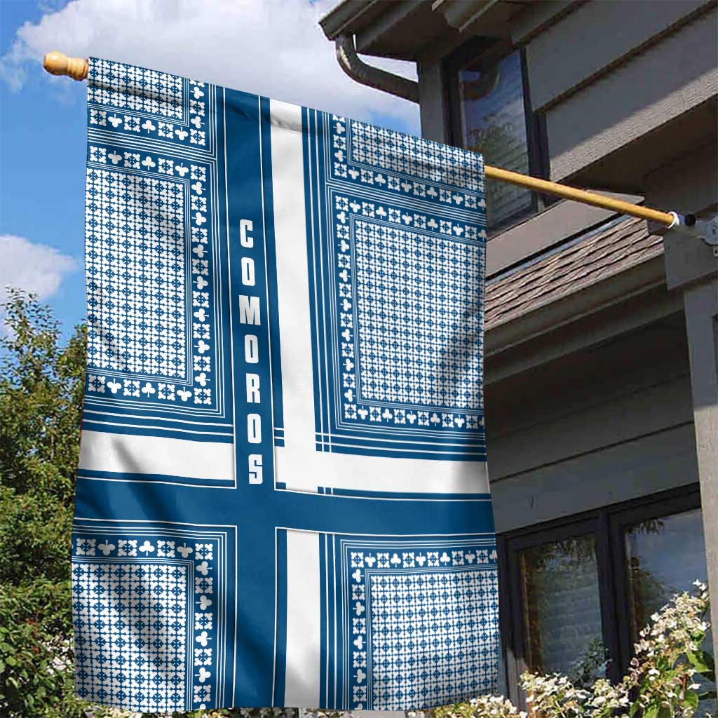 Comoros Garden Flag - Blue and White Traditional Geometric Pattern and National Flag Detail TS04