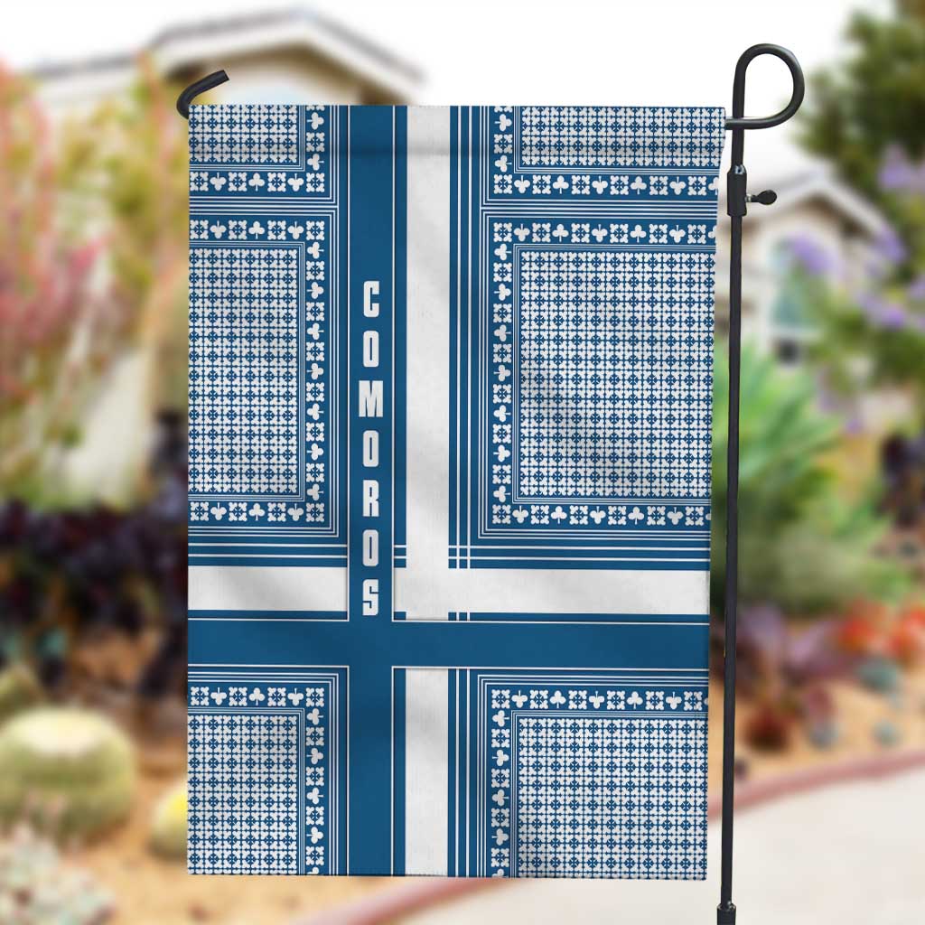Comoros Garden Flag - Blue and White Traditional Geometric Pattern and National Flag Detail TS04