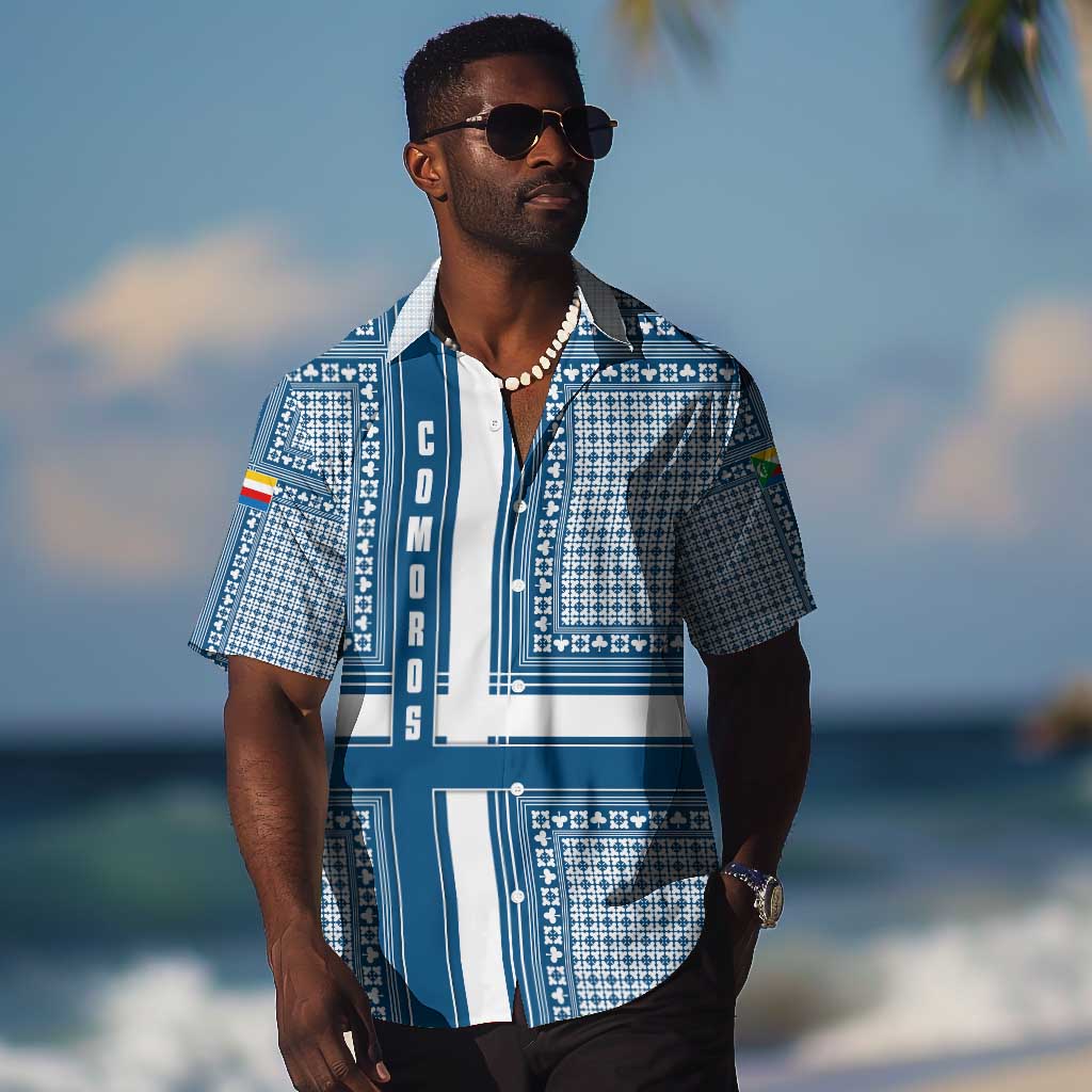 Comoros Hawaiian Shirt - Blue and White Traditional Geometric Pattern and National Flag Detail TS04