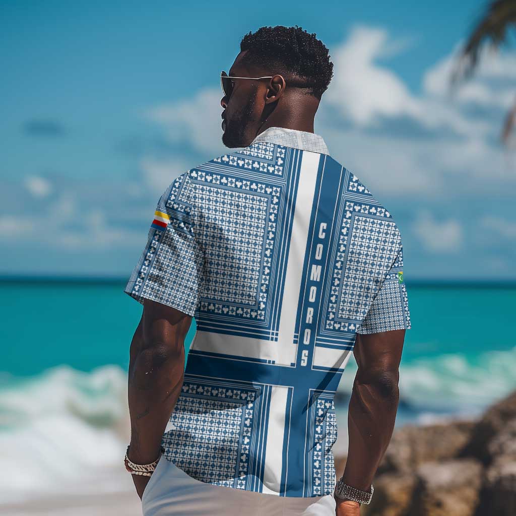 Comoros Hawaiian Shirt - Blue and White Traditional Geometric Pattern and National Flag Detail TS04