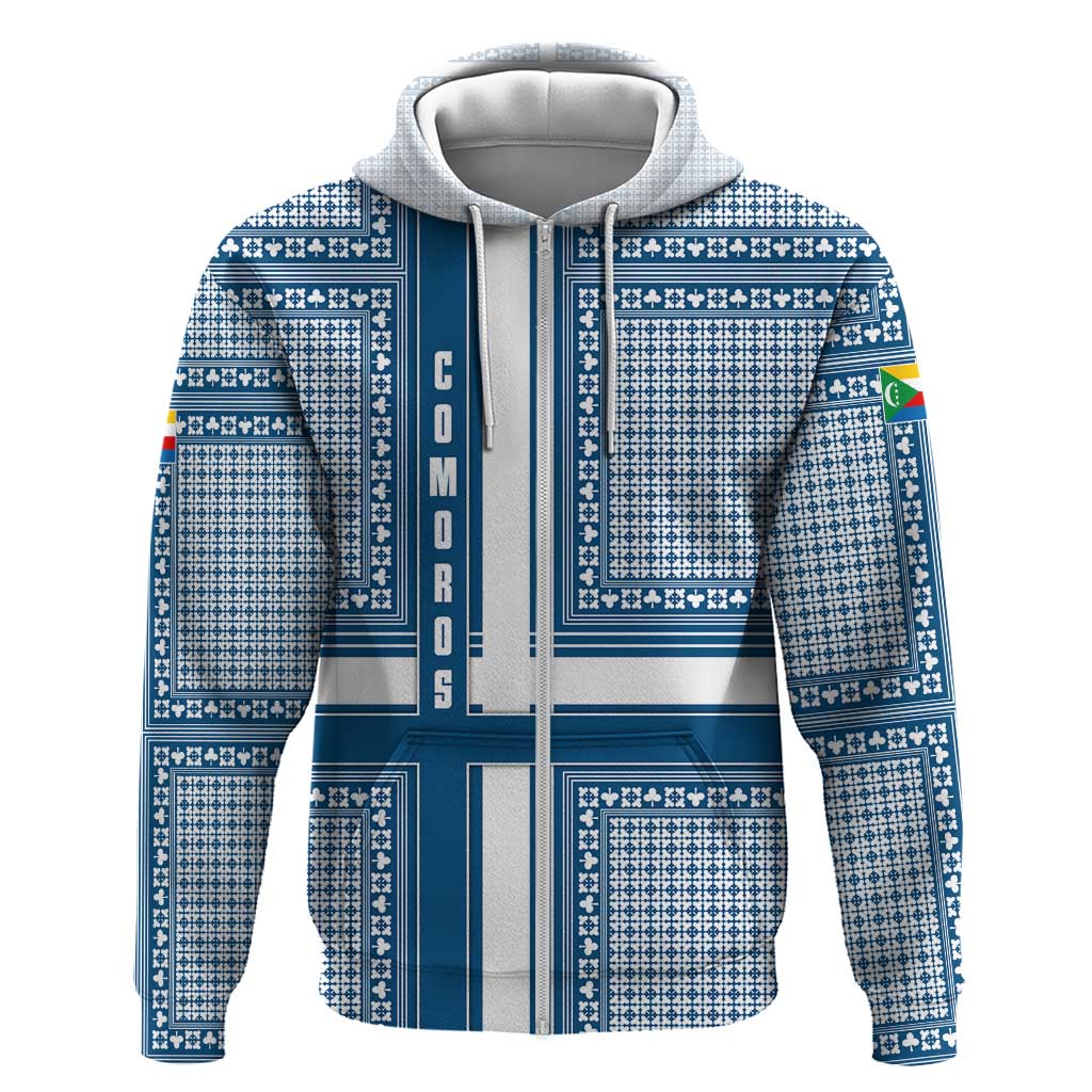 Comoros Hoodie with Blue and White Traditional Geometric Pattern and National Flag Detail TS04