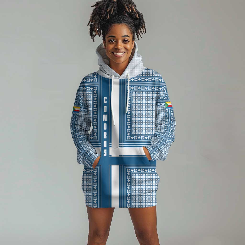 Comoros Hoodie Dress - Blue and White Traditional Geometric Pattern and National Flag Detail TS04