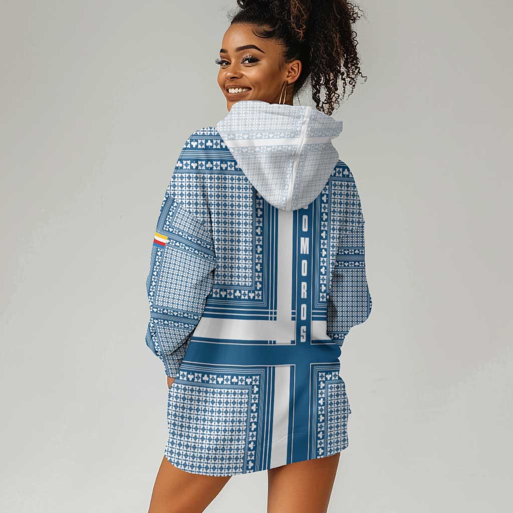 Comoros Hoodie Dress - Blue and White Traditional Geometric Pattern and National Flag Detail TS04