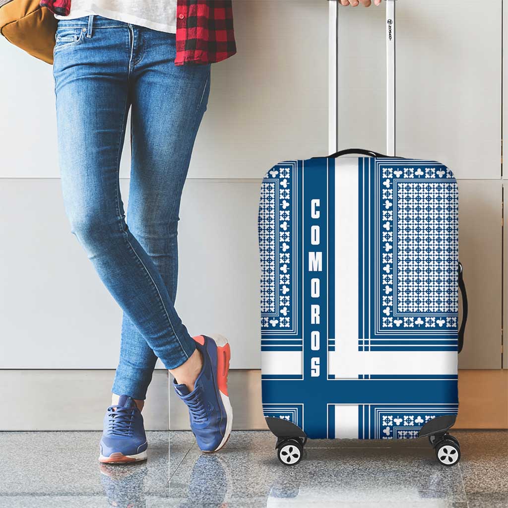 Comoros Luggage Cover with Blue and White Traditional Geometric Pattern and National Flag Detail TS04