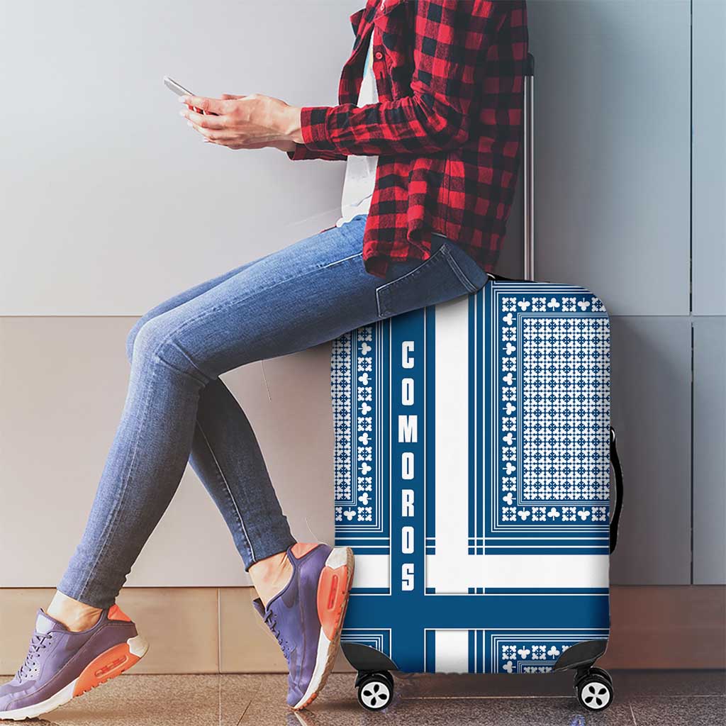 Comoros Luggage Cover with Blue and White Traditional Geometric Pattern and National Flag Detail TS04