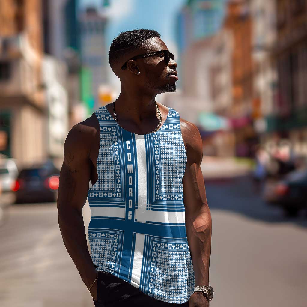 Comoros Men Tank Top - Blue and White Traditional Geometric Pattern and National Flag Detail TS04