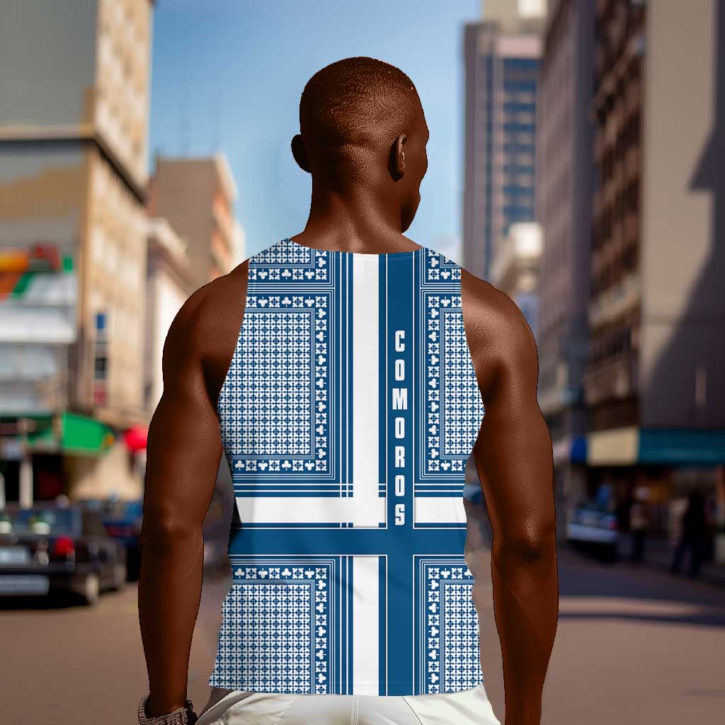 Comoros Men Tank Top - Blue and White Traditional Geometric Pattern and National Flag Detail TS04