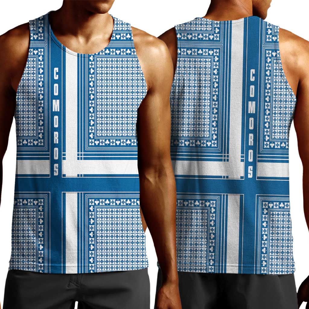Comoros Men Tank Top - Blue and White Traditional Geometric Pattern and National Flag Detail TS04