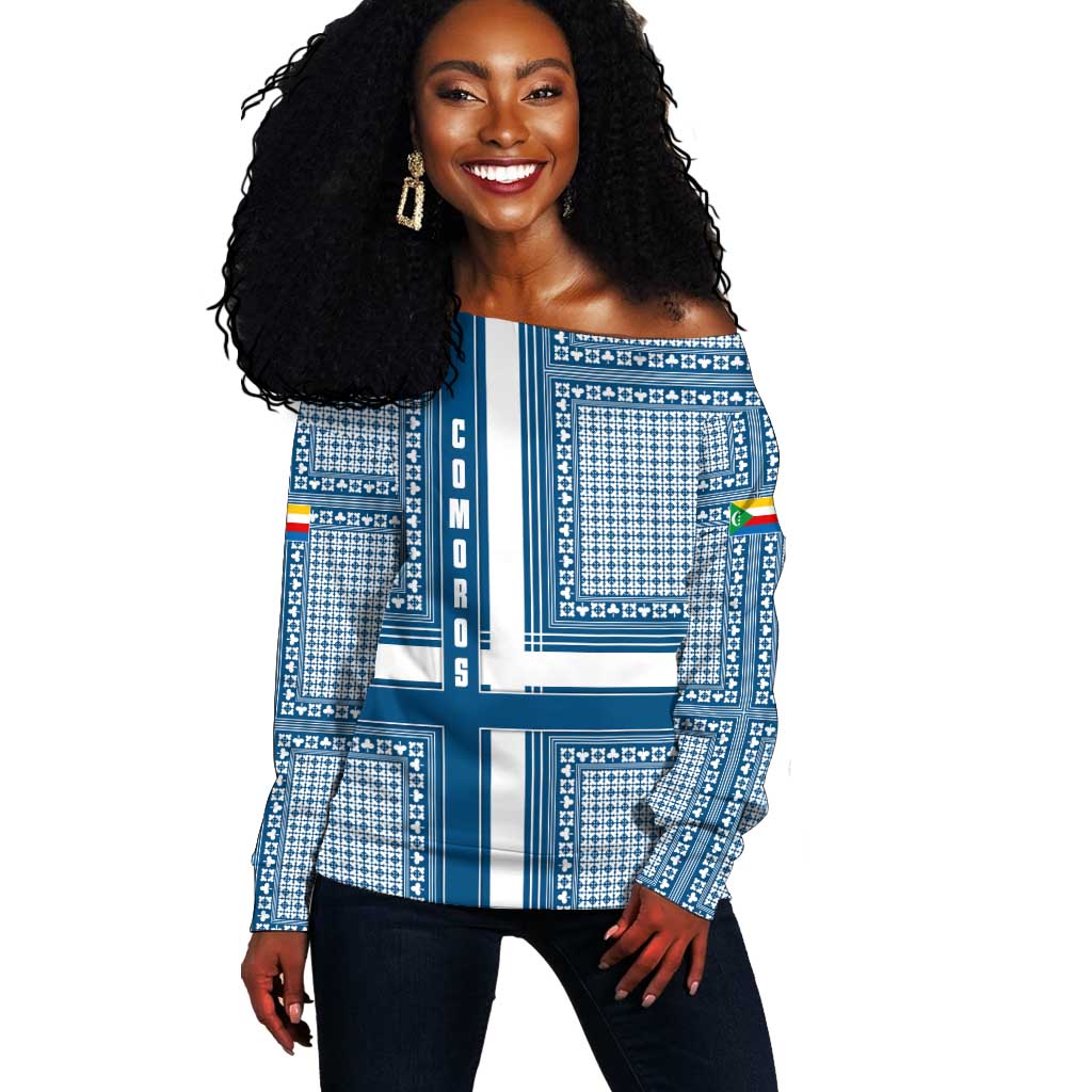 Comoros Off Shoulder Sweater - Blue and White Traditional Geometric Pattern and National Flag Detail TS04