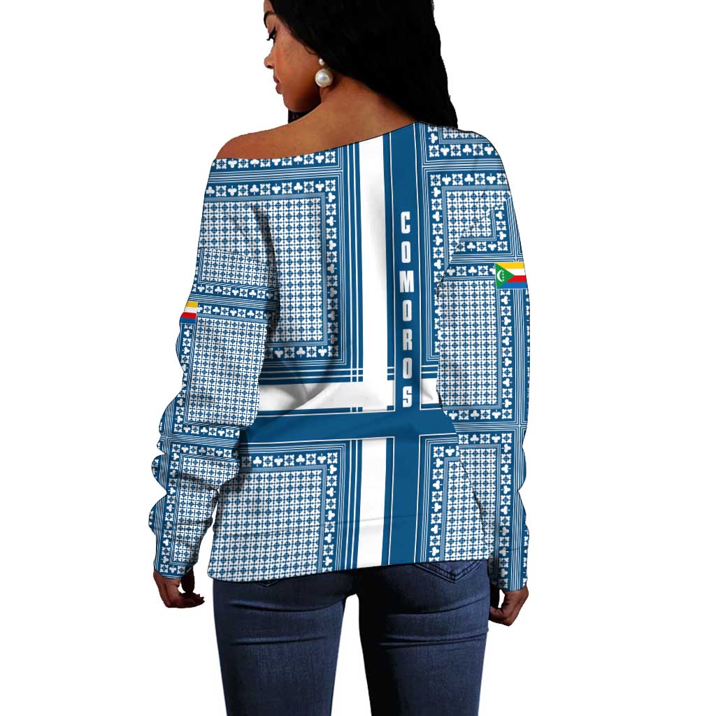 Comoros Off Shoulder Sweater - Blue and White Traditional Geometric Pattern and National Flag Detail TS04