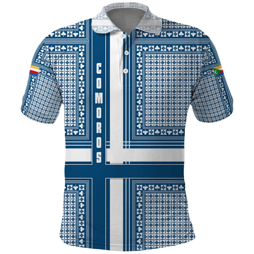 Comoros Polo Shirt with Blue and White Traditional Geometric Pattern and National Flag Detail TS04