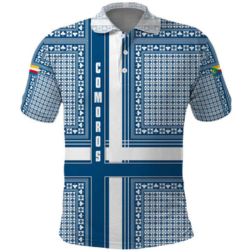 Comoros Polo Shirt with Blue and White Traditional Geometric Pattern and National Flag Detail TS04