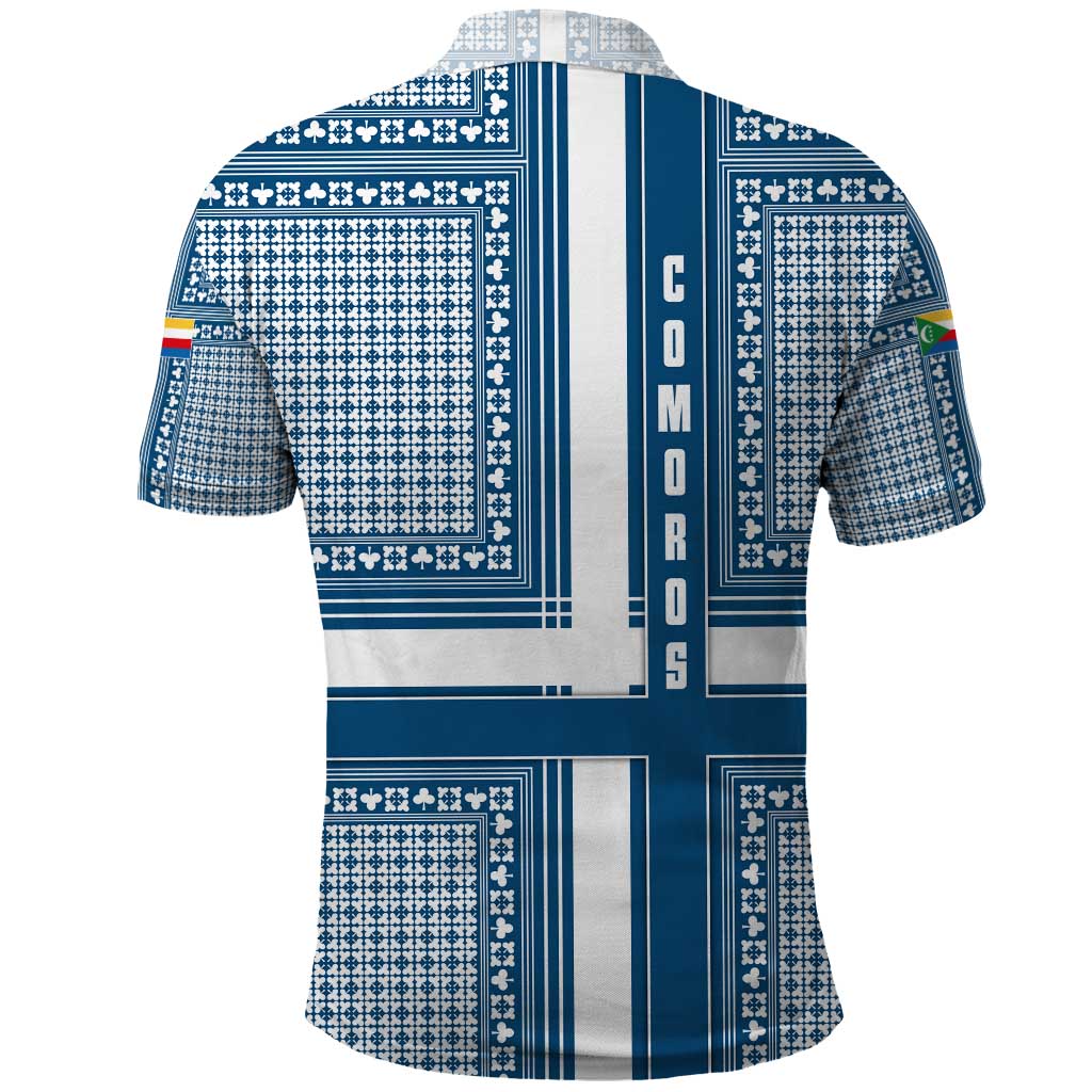 Comoros Polo Shirt with Blue and White Traditional Geometric Pattern and National Flag Detail TS04