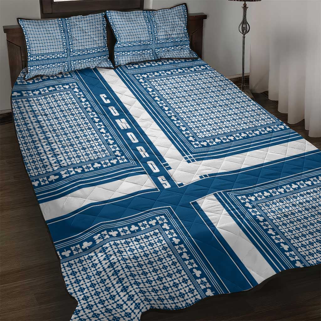 Comoros Quilt Bed Set - Blue and White Traditional Geometric Pattern and National Flag Detail TS04