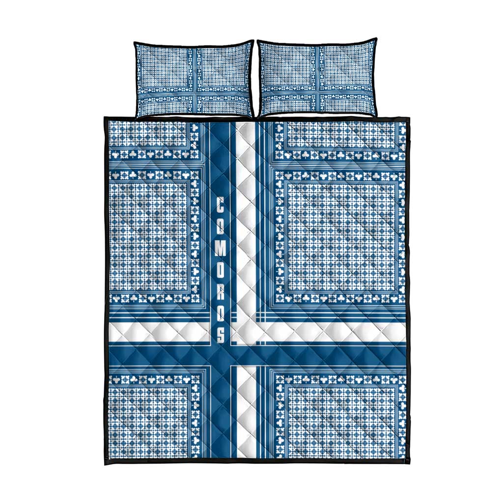 Comoros Quilt Bed Set - Blue and White Traditional Geometric Pattern and National Flag Detail TS04